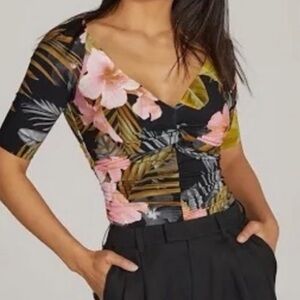 Favorite Daughter Black and Pink Floral “The Bad Decisions” Hawaiian Ruched Top